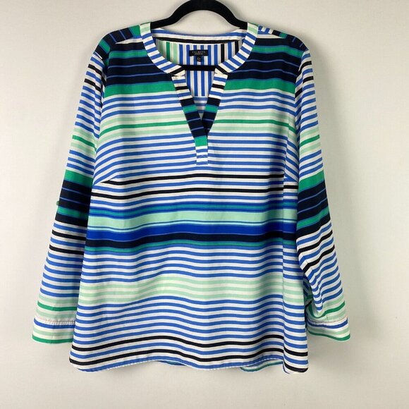 Talbots Blouse Womens 2X Petite 2XP Pullover Roll Tab Sleeve Blue Green Stripe - Picture 1 of 10